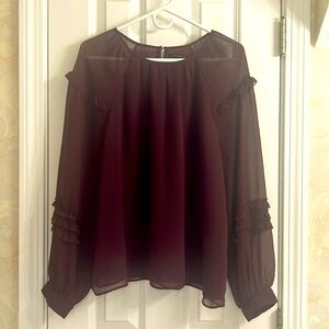 Ann Taylor Burgundy Ethereal Scoop-neck Blouse with Ruffled Sheer Sleeves. EUC